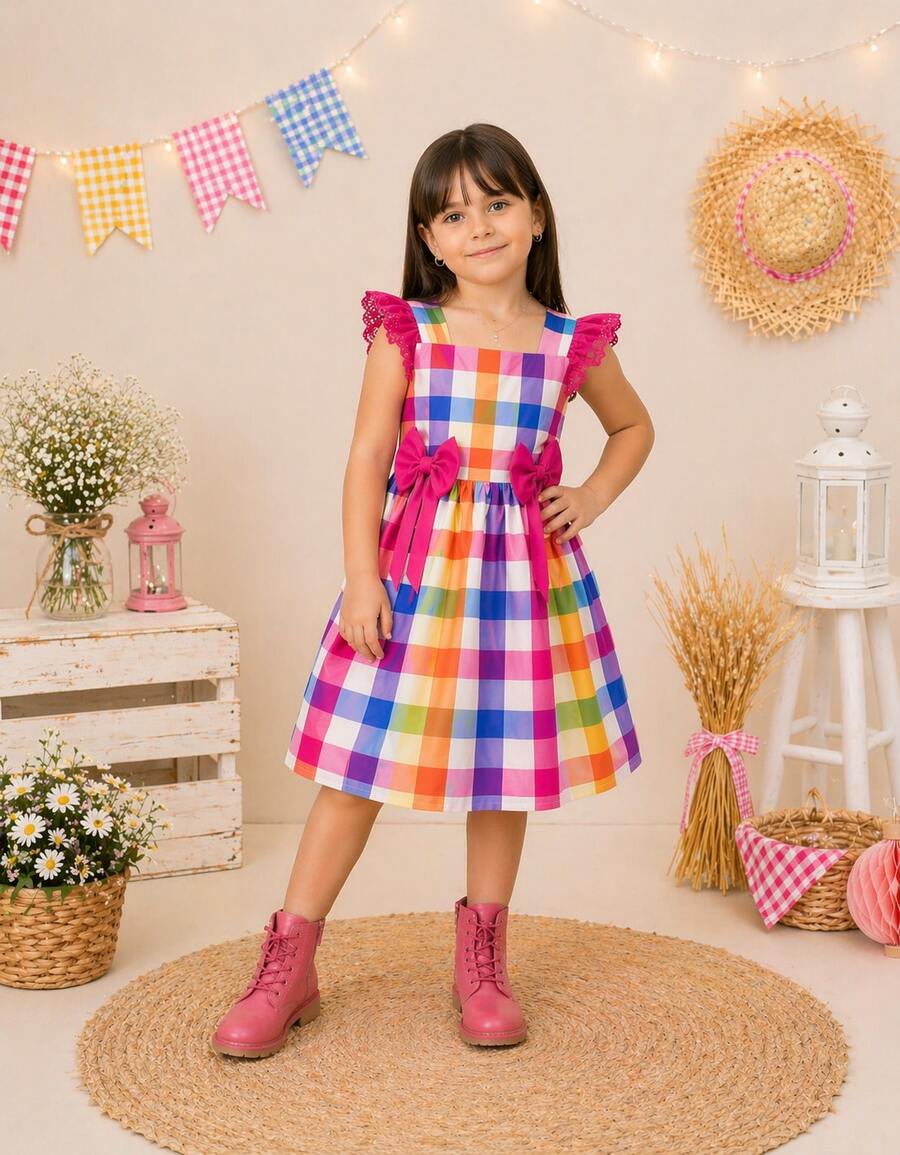 Girls' Dress For June Festival, Christmas, Plaid, Country, Rodeo, Square Dance, Ruffled, Elastic, Flowing Sleeves, Ruffled Lace, Northeast, São João Festivities, Queen Of Popcorn, Adjustable, Ruffled Skirt, Charming Look, Modern Country-Style Outfit, Loose Fit, Lightweight, Comfortable Fabric, Flexible Design, Perfect Fit, Ideal For Square Dance, School, Events, Monthly Celebrations, Photoshoots, Typical São João Festival, Cheerful Look, Current Style, Fashionable Girl, Well-Finished Clothing, High Quality, Soft Touch, Free Movement, Guaranteed Comfort, Timeless Piece, Classic Style, Commemorative Clothing, Charming Girl's Outfit, Traditional Print, Cultural Clothing, Sophisticated Children's Clothing, Delicate Look, Versatile Clothing, Elegant June Festival Girl's Outfit, Made With Careful Details, Colorful Look Inspired By June Traditions, Clothing That Values Comfort, Freedom Of Movement, Impeccable Appearance, Ideal Gift For Charming Girls - 棉花糖 - 查看 1