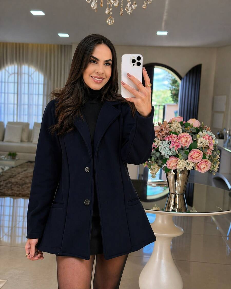 Elegant Formal Wool Blazer Coat - Navy Blue - View 1