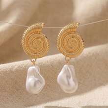 Pendientes con colgante de concha de perla artificial, aptos para uso diario - Multicolor - Ver 7