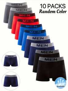 10PCS Men's Solid Color Letter Printed Stretch Boxer Briefs, Random Color, Comfortable Quick-Drying Breathable Underpants, Daily Wear Sexy Stretch Men's Underwear - 10 CÁI - Màu sắc hỗn hợp ngẫu nhiên - Xem 1