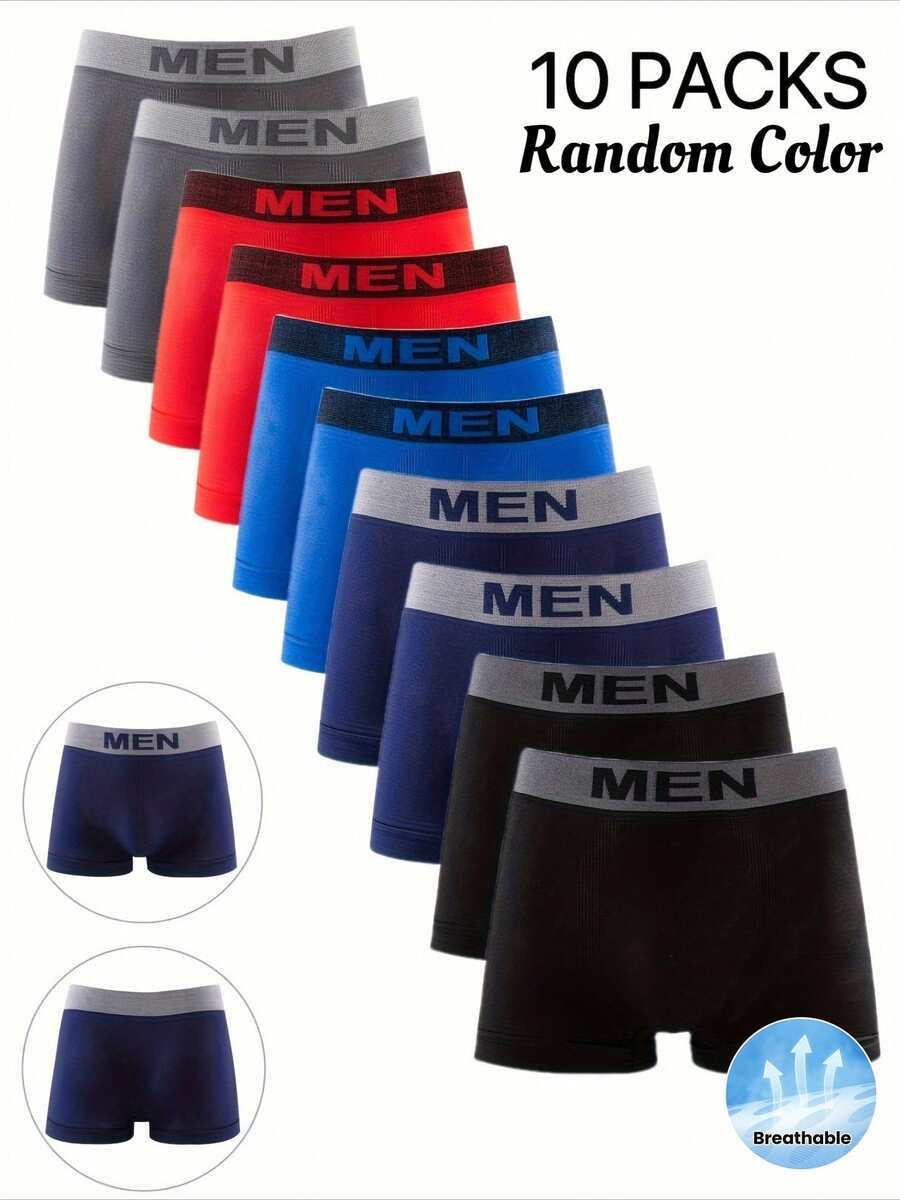 10PCS Men's Solid Color Letter Printed Stretch Boxer Briefs, Random Color, Comfortable Quick-Drying Breathable Underpants, Daily Wear Sexy Stretch Men's Underwear - 10 CÁI - Màu sắc hỗn hợp ngẫu nhiên - Xem 1