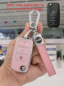 3pcs Pink TPU Soft Car Key Case + Pink Plaid Car Key Chain With Screwdriver Set, Suitable For Bora, Sagitar, Tiguan, Lavida, Touran - a - View 6