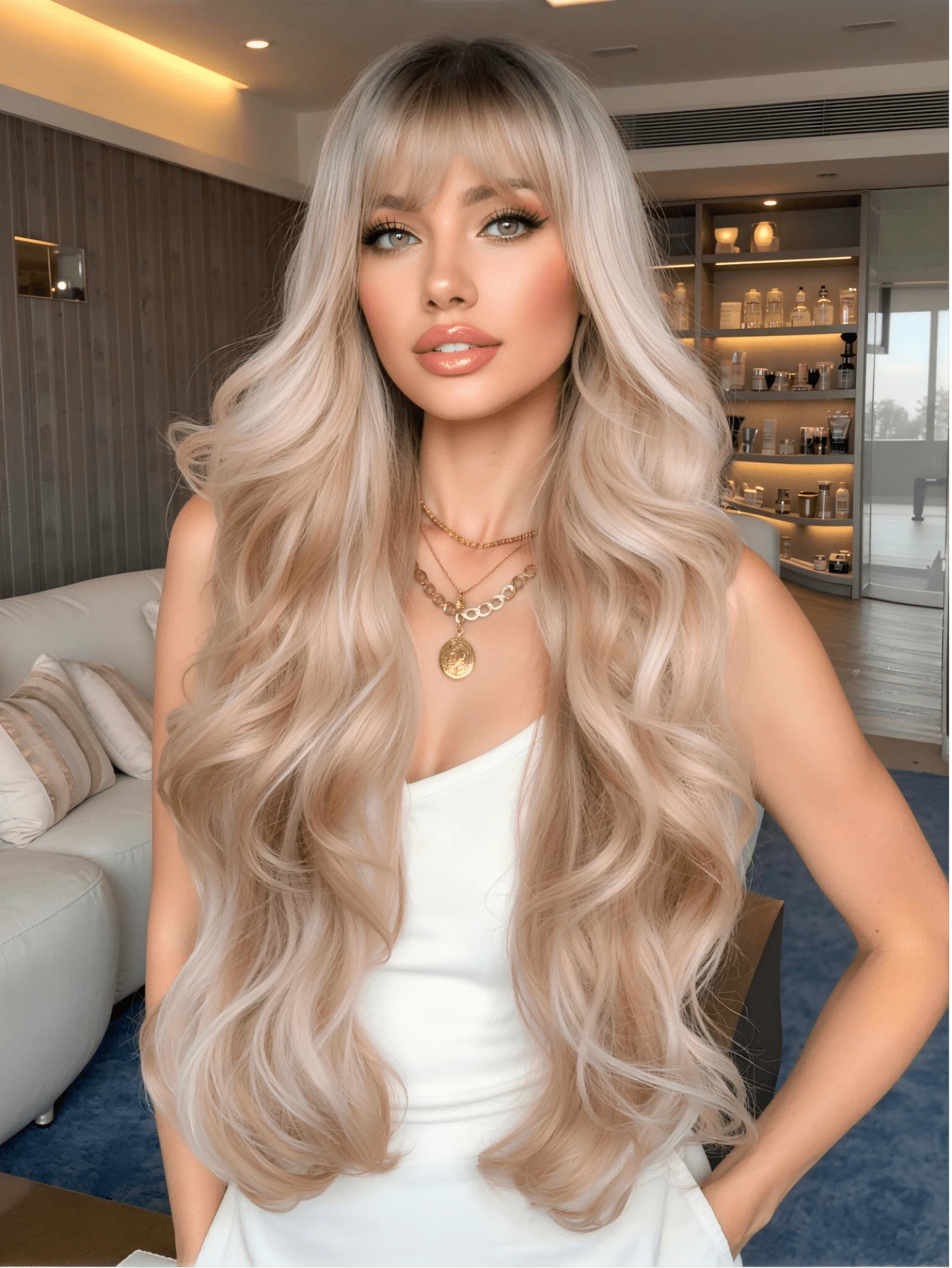 26 Inch Ombre Blonde Long Wavy Wig With Bangs, Glueless Synthetic Hair Wig, Natural Looking Heat Resistant Wig For Daily Party - Blonde Ombre - View 1