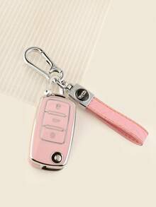 3pcs Pink TPU Soft Car Key Case + Pink Plaid Car Key Chain With Screwdriver Set, Suitable For Bora, Sagitar, Tiguan, Lavida, Touran - a - View 4