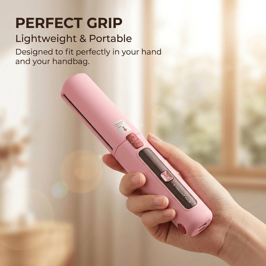 1个二合一迷你无线直发器/卷发棒,USB充电,内置4500mAh 3.7V锂电池,防烫伤,恒温设计,护发,便携式旅行直发器/卷发棒,适用于干发,经久耐用,迷你直发器配有防尘袋、1个梳子和1个发夹 - 粉色 - 查看 1