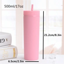 16盎司/480毫升高品质双层塑料杯，哑光橡胶涂层，可重复使用，直吸管杯，男女通用办公水瓶 - 彩色 - 查看 2