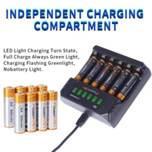 Set Isi Ulang PowerKAN: Charger Pintar N6 (6 Slot, USB 5V/2A) dan 8 buah Baterai Isi Ulang Ni-MH 300mAh 1.2V. Kinerja Tinggi, Dapat Digunakan Kembali, Sangat Cocok untuk Perangkat Rumah Tangga. - Ya - View 4