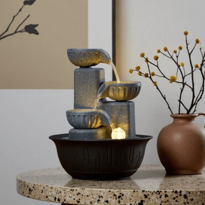 1 chiếc đài phun nước để bàn nhỏ 3 tầng, đài phun nước tròn màu xám cao cấp, máy tạo ẩm phong thủy, đồ chơi thư giãn trong nhà yên tĩnh, quà tặng tân gia.