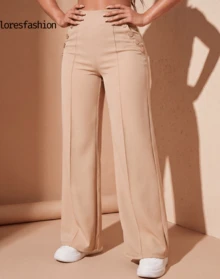 Pantalón de vestir mujer cintura alta pierna ancha stretch crepé casual elegante para oficina reuniones eventos bolsillos pretina elasticada botón forrado antiarrugas sin transparencia suave - Beis - Ver 2