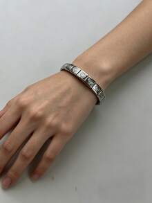 1-Piece Italian-Style Fashion Bracelet, Stretch Adjustable Metal Modular Multi-Color Combination Bracelet, Luxury Stainless Steel Square Link Bracelet, Unisex Design, Stackable & Multi-Functional Stretch Adjustable Bracelet - Blank-silver - View 4