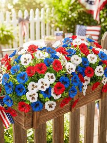 4pcs Artificial Colorful Floral Bouquet, Fake Daisy, Eucalyptus, Morning Glory Hanging Basket, UV-Resistant, Suitable For Outdoor Decor, Garden, Patio, Corridor, Balcony, Wedding, Bouquet, Summer Decor, Home Decor, Living Room, Bedroom, Tabletop, Wall, Vase Filler, Birthday Gift, Graduation Gift - Red, White and Blue - View 1
