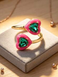 1 Open Ring, Women's Heart-Shaped Open Ring, Candy Colored Droplet Oil Stackable Ring, Simple And Fashionable Daily Wear Ring. Mother's Day Gifts - Heart-shaped - View 6