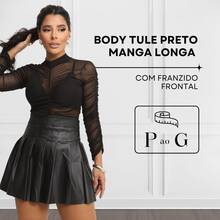 Black Tulle Bodysuit With Long Sleeves And Ruched Detail - 黑色 - 查看 3