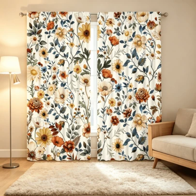 2 Pieces Retro Countryside Farmhouse Floral And Plant Print Pattern Polyester Semi Transparent Curtains, Modern Four Season Design, 100% Polyester, Filter, With Pole Bag, Easy To Hang, Very Suitable For Kitchen, Laundry Room, Bedroom, Study, Living Room