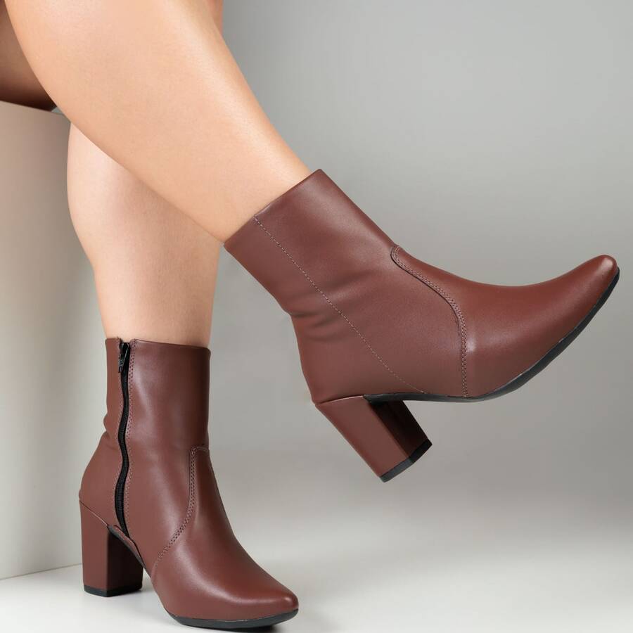 Women's Ankle Boot With Pointed Toe, Low Chunky Heel, And Zipper - Rust Brown - View 1