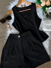 Women's 2 Piece Summer Outfit - Black, Sleeveless V-Neck Tank Top + High Waist Tailored Shorts, Casual Solid Matching Set/Summer Outfits For Women/Two Piece Set Women/Vacation Outfits Women/Summer Clothes/Summer/Conjunto De Dos Piezas Mujer/Beach Outfits For Woman/Summer Tops/Women Two Piece Sets/Workout Sets Women/Glowmode - màu đen - Xem 2