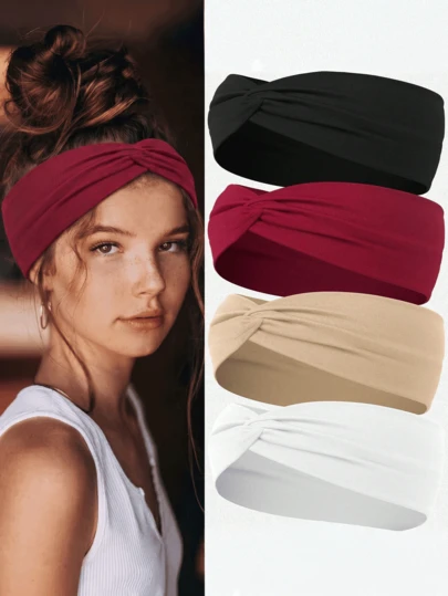 1/4 Pcs Women's Twist Knot Wide Headbands, Non Slip Soft Stretchy Head Bands For Yoga Workout Running Sports Daily Wear, Fashion Hair Accessories For Women & Girls