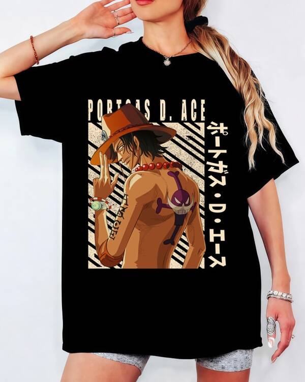 One Piece Portgas D. Ace Feuerfaust T-Shirt, Anime-Manga-Charakter-Print, Unisex Otaku Freizeit-Top