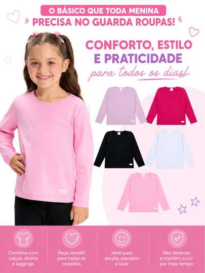 Kit 4 Blusas Manga Longa Infantil Menina Lisa Algodão 2 ao 10 anos
