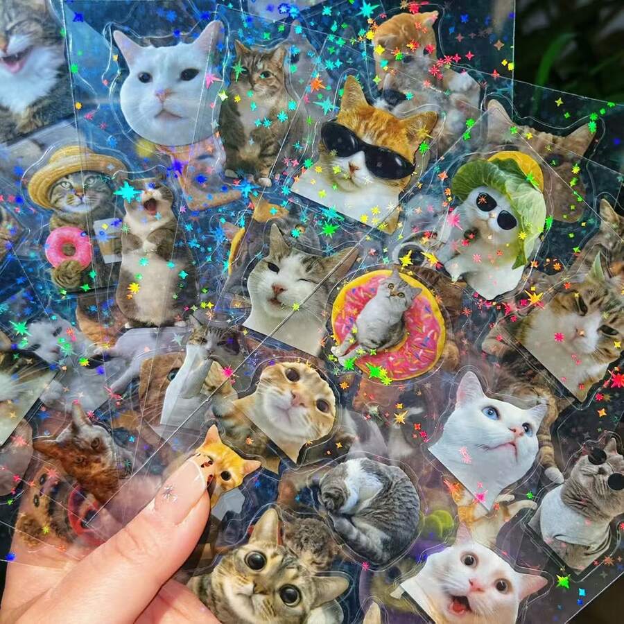 8个卡通猫透明表情符号MEME星星覆膜装饰贴纸，DIY会计贴纸，适用于吉他、笔记本电脑、行李箱等DIY防水贴纸，儿童贴纸，学习用品和返校用品 - 彩色 - 查看 1