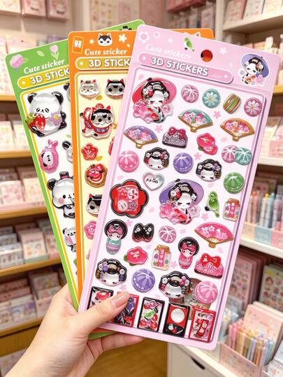 日式艺伎3D浮雕贴纸，熊猫、独角兽、招财猫动漫人物糖果贴纸，适用于DIY笔记本拼贴画、相册、卡片装饰和手机壳装饰贴纸。