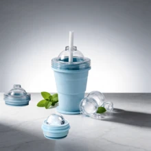 Portable Foldable Silicone Ice Cup With Built-In Straw, Ice Ball Mold, Essential For Summer Travel - Blue - View 7