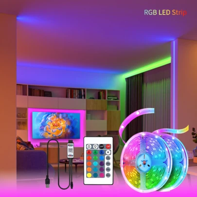 1 ชุด แถบไฟ LED USB RGB พร้อมรีโมทคอนโทรลและควบคุมผ่านแอพมือถือ, ปรับสีและโหมดได้, มีกาวในตัวสำหรับตกแต่งทีวีและห้อง