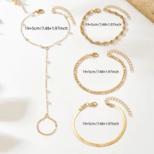 4件套精致镀金仿珍珠手指链手链套装，简约多层蛇形链费加罗链串珠手链，日常度假派对女士手饰 - 金色 - 查看 3