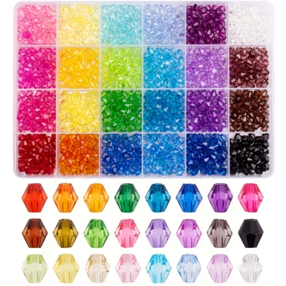 1880pcs 4mm Transparent Glass Beads, Double Cone Shape, 24 Colors, Hole Size 1-2mm, Suitable For DIY Jewelry Making Bracelets, Necklaces, Earrings, Pendants, Crafts