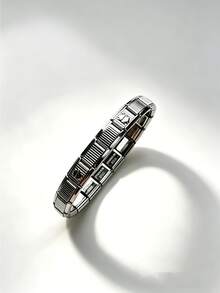1-Piece Italian-Style Fashion Bracelet, Stretch Adjustable Metal Modular Multi-Color Combination Bracelet, Luxury Stainless Steel Square Link Bracelet, Unisex Design, Stackable & Multi-Functional Stretch Adjustable Bracelet - Blank-silver - View 6