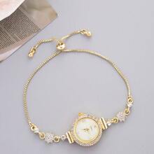 New Fashionable Gold Watch Bracelet For Women, Cute Round Small Dial With Crystals, Luxury Fully Paved Strap, Alloy Quartz Watch Gift - Yellow - View 2