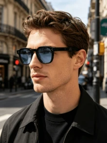 Óculos unissex de armação oval pequena e estilo minimalista, ideais para dirigir, viajar, uso casual, praia, atividades ao ar livre, esportes e uso diário. - filme azul com moldura preta - Ver 4
