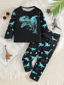 Bộ đồ ngủ dài tay và quần dài họa tiết khủng long hoạt hình cho bé trai mới biết đi phát sáng trong bóng tối (Chỉ phát sáng dưới đèn UV) - Màu xanh lam - Xem 13