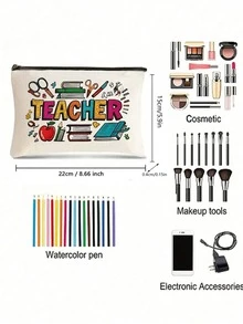 1 chiếc túi đựng mỹ phẩm in chữ, quà tặng giáo viên tốt nhất, túi đựng đồ du lịch có khóa kéo, túi đựng đồ nhẹ, ví đựng tiền xu, ví cầm tay có khóa kéo, túi trang điểm, túi đựng đồ vệ sinh cá nhân cho nữ, quà Giáng sinh cho giáo viên, túi tote họa tiết cây thông Noel. - Màu be - Xem 7