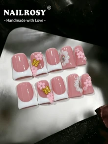 10件組手工美甲貼片套組，可愛粉色玫瑰白色法式尖頭 3D 花朵金色蝴蝶水鑽短鴨型，禮盒包裝，Nailrosy，適合夏季、7月4日、婚禮、畢業、舞會美甲 - 粉色 - 查看 11