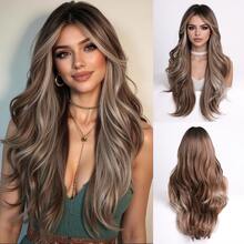 Tóc giả dài 28 inch, kiểu ombre từ chân tóc tối màu đến hồng pastel, chất liệu tổng hợp chịu nhiệt, kiểu tóc giả tự nhiên phù hợp cho nữ dự tiệc và mặc hàng ngày. - Màu nâu highlight - Xem 9