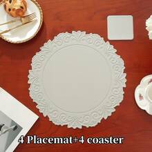 1/4/6pcs Vintage Floral Leather Placemats, Thick & Washable, Round Dining Table Mats, Heat Insulation Pads Suitable For Valentine's Day, Mother's Day, Wedding Party, Christmas, Halloween, Thanksgiving, Dinner, Restaurant, Hotel, Home - Light Grey - View 15