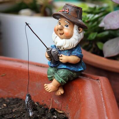 Estatua creativa de enanito pescador, figura en miniatura de enanito elfo, escultura de resina de enanito para jardín exterior, césped, decoración de paisaje exterior de elfo, adecuada para jardín, césped, estanque, decoración de orilla del río