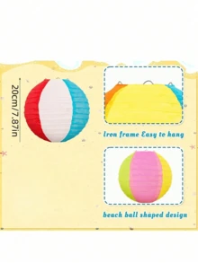 6pcs Beach Ball & Paper Lantern Decor - Summer Hawaiian Theme Hanging Decorations Suitable For Home, Birthday, Outdoor, Indoor, Office - Multicolor - View 8