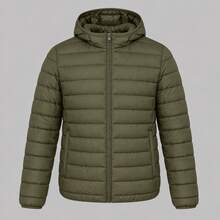 Men's Puff Jacket, Lined, Autumn/Winter, Regular Fit, Zipper Pocket, Faux Fur Lining, Removable Hood - 橄欖綠 - 查看 1