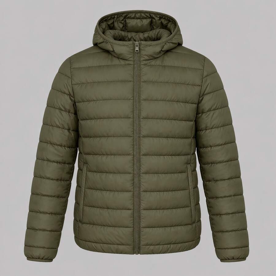 Men's Puff Jacket, Lined, Autumn/Winter, Regular Fit, Zipper Pocket, Faux Fur Lining, Removable Hood - 橄欖綠 - 查看 1