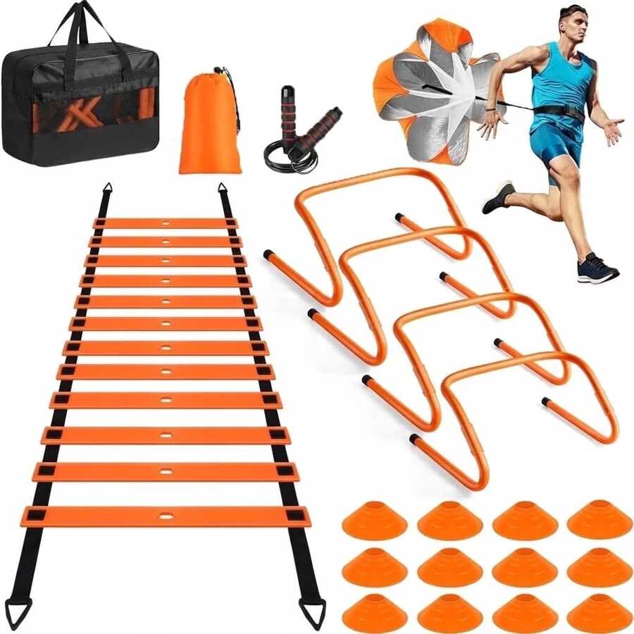 Agility Ladder Training Set, 20ft Speed Ladder With 4 Hurdles, Jump Rope, 12 Soccer Cones & Running Parachute, All-In-One Agility Speed Training Equipment For Soccer, Football, Basketball - Orange - View 1