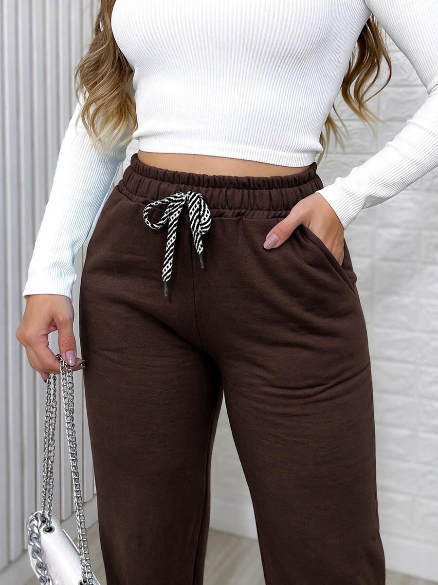 Women's Straight Track Pants With Elastic Waistband, Solid Color. - Café integral - Ver 1