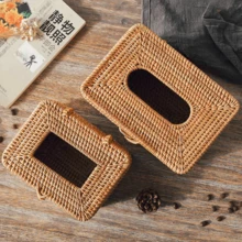 1 pieza Caja de pañuelos tejida a mano de ratán, dispensador de pañuelos cuadrado tejido con base antideslizante, bordes lisos, adecuado para decoración del hogar, baño, oficina, hotel - Amarillo - Ver 9