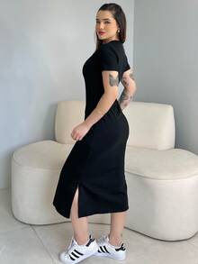 Vestido Feminino Midi Blogueira Básico Liso Casual Algodão Conforte - Preto - Visão 3