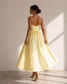 Women's Pastel Yellow Spaghetti Strap Midi Dress, A-Line Flared Skirt, Elegant Casual & Formal Dress Bridal Showers, Garden Parties - 黃色 - 查看 2
