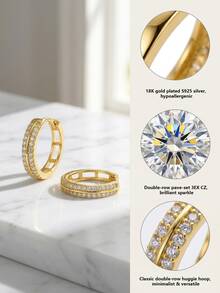 Luxurious Gold Full Pave Rhinestone Double Row Hoop Earrings, Sparkling Zirconia Ear Jewelry, With Gift Box, Suitable For Wedding And Daily Wear - Gold - View 2