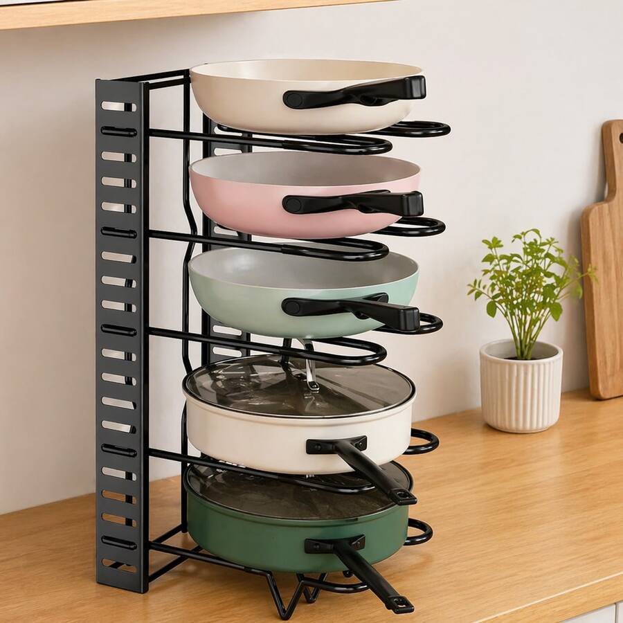 Suporte ajustável para panelas, suporte vertical multifuncional para bancada, suporte para panelas, suporte multicamadas para tampas de panelas de cozinha - Preto - Ver 1