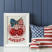 1pc Patriotic Cherry Blossom Print Artwork, Sweet American Wall Decor, Red White And Blue Fruit Pattern, Fashionable Fourth Of July Artwork, Plaid Kitchen Decor (Optional Frame) - A - View 11