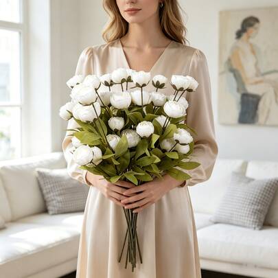 1/3/5 bó hoa giả, 1 cành với 4 bông hồng trắng, dùng trang trí phòng, bàn, bình hoa, quà tặng cho phụ nữ, kích thước lớn 70cm/27.5in.
